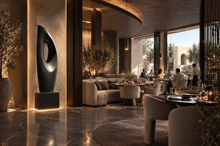MONOLITH VOID I stone sculpture, shown in a room setting, at full scale