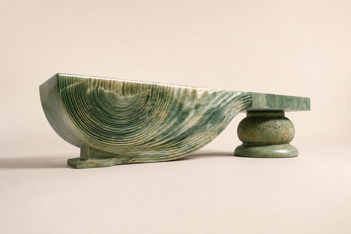 Morara marble sculptural bench, three-quarter studio view showing its profile