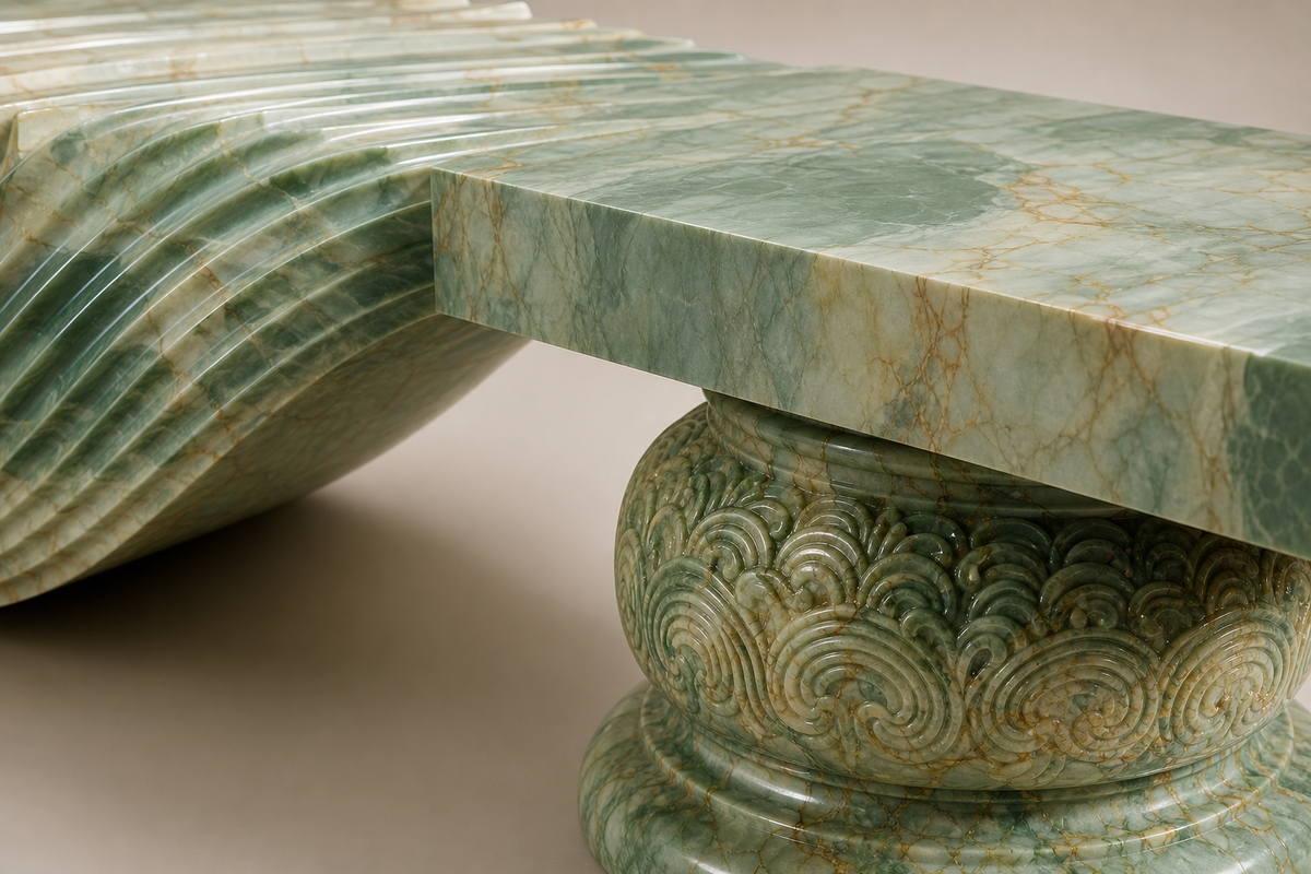 Morara marble sculptural bench, close studio detail of the surface and material