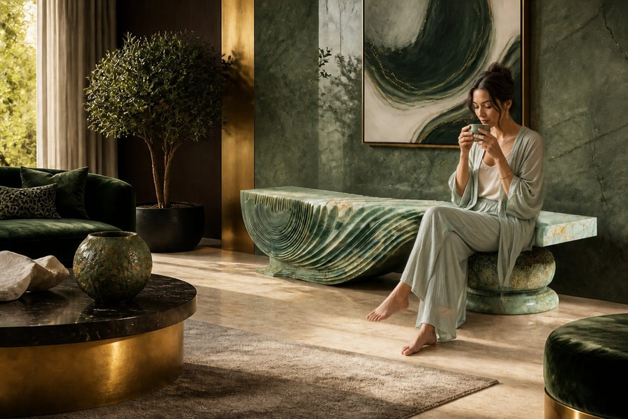 Morara marble sculptural bench, shown in a room setting, at full scale