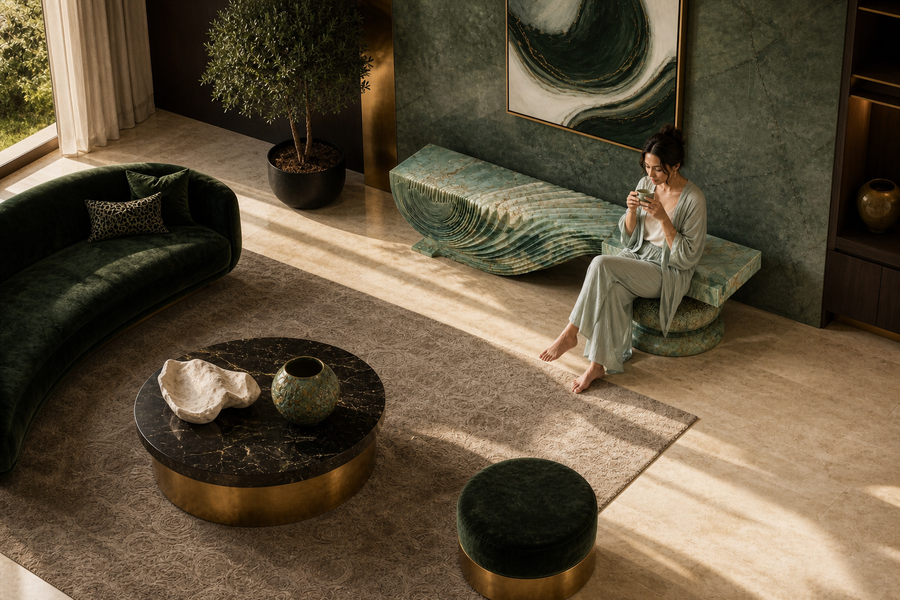 Morara marble sculptural bench, overhead view in a room setting