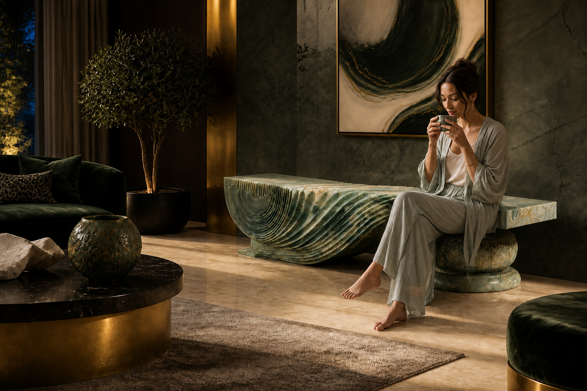 Morara marble sculptural bench, in a room setting under evening light
