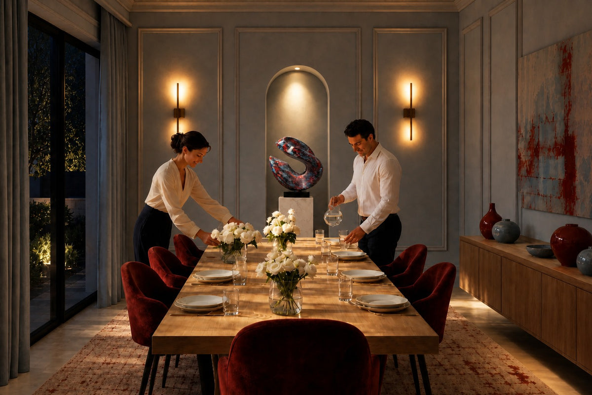 Muyu — red and blue marbled swirl sculpture on a black base, the same room at night, lamps on