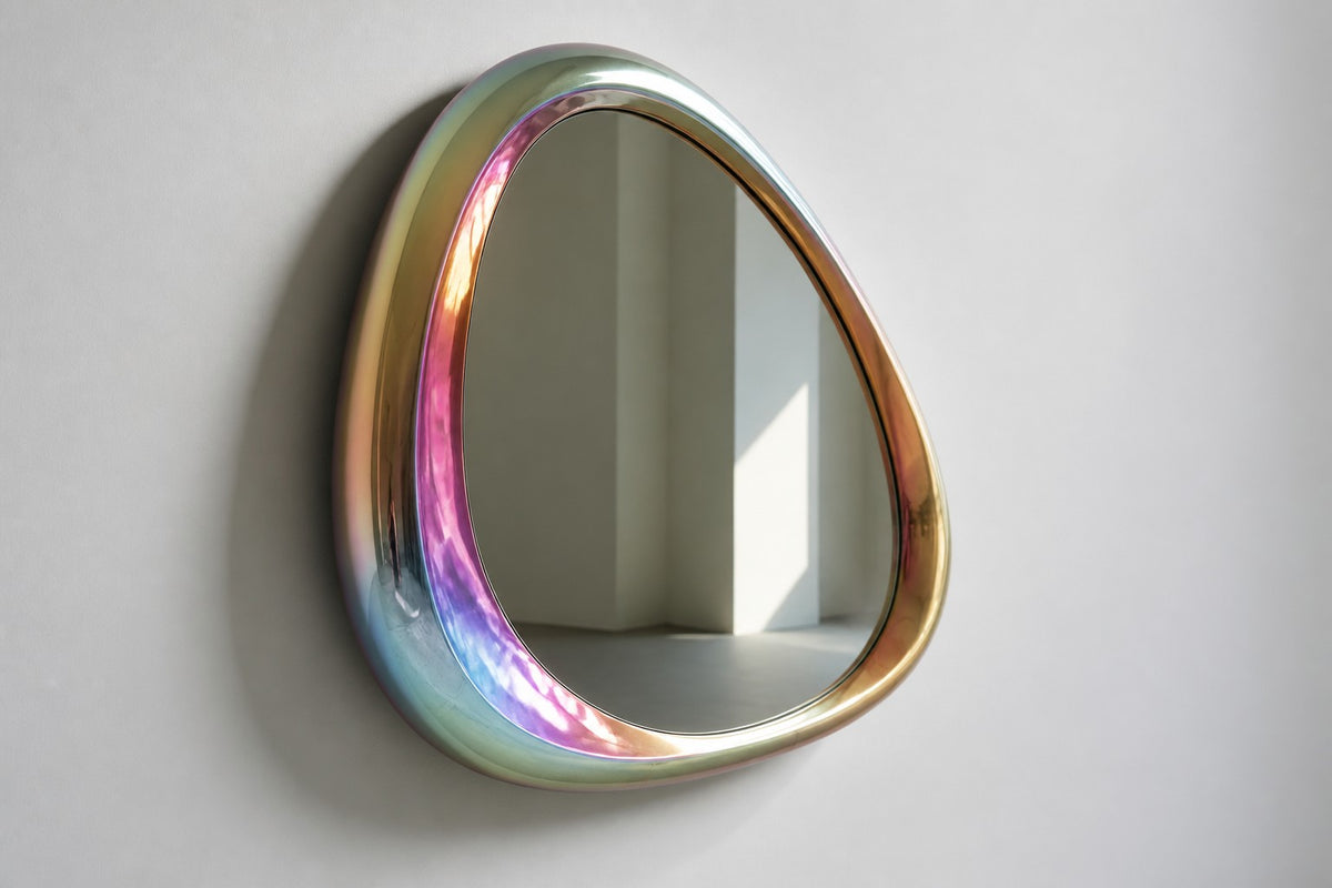 Nácar — asymmetric pebble-shaped mirror with an iridescent tubular frame, studio side angle showing its depth