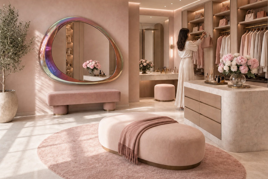 Nácar — asymmetric pebble-shaped mirror with an iridescent tubular frame, installed on the wall of a furnished room