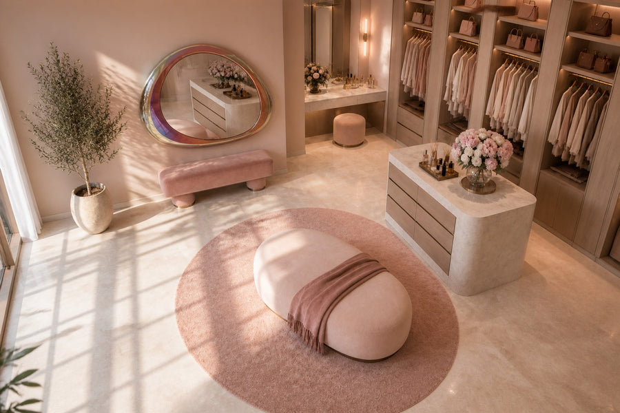 Nácar — asymmetric pebble-shaped mirror with an iridescent tubular frame, seen from above in the room