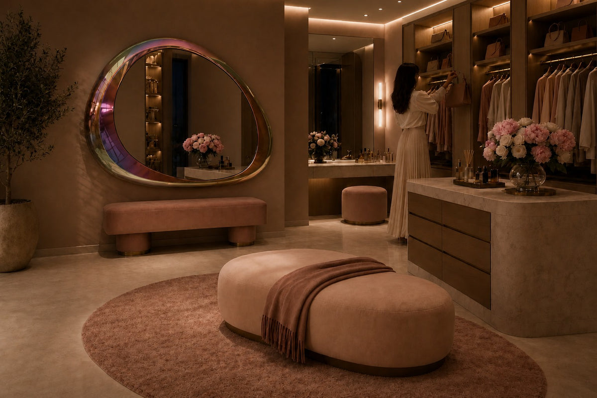 Nácar — asymmetric pebble-shaped mirror with an iridescent tubular frame, the same room at night, lamps on