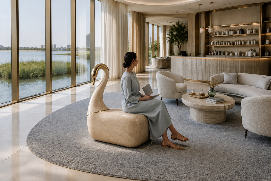 Nafas 95 stone sculptural bench, shown in a room setting, at full scale