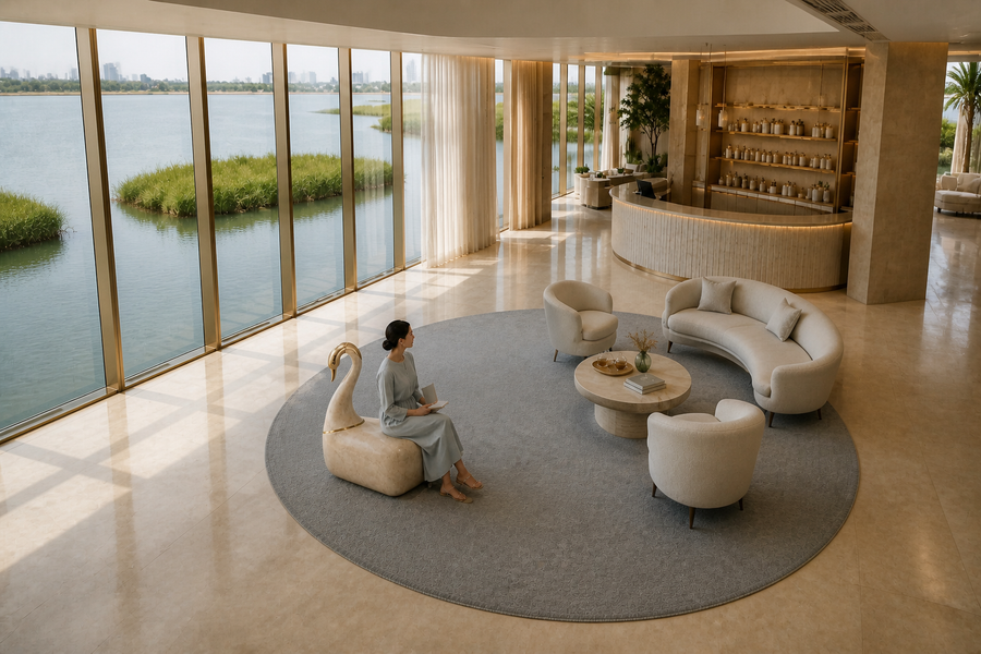 Nafas 95 stone sculptural bench, overhead view in a room setting