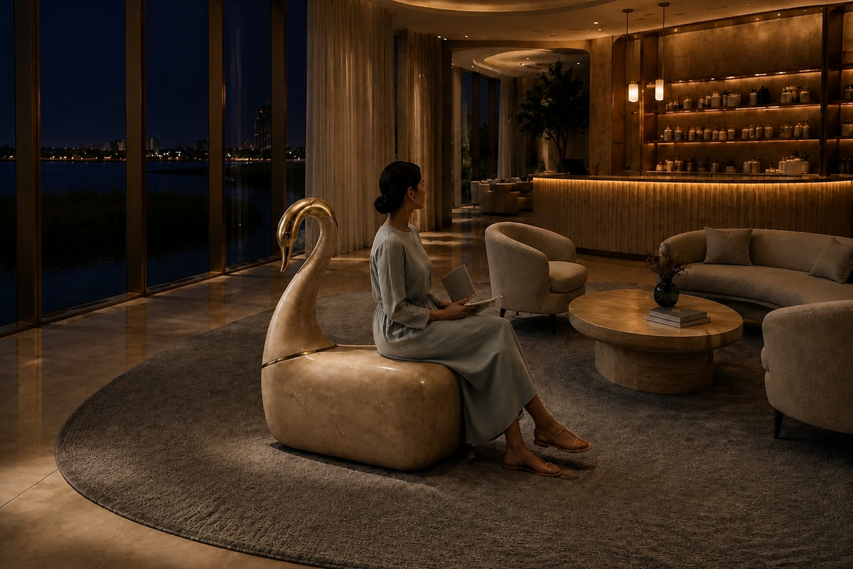 Nafas 95 stone sculptural bench, in a room setting under evening light