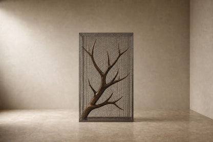Bronze branching sculpture Nafud with a pitted weathered patina, held upright inside a tall fine drawn-wire case.