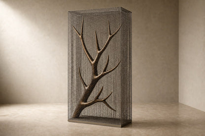 Bronze branching sculpture Nafud with a pitted weathered patina, held upright inside a tall fine drawn-wire case.