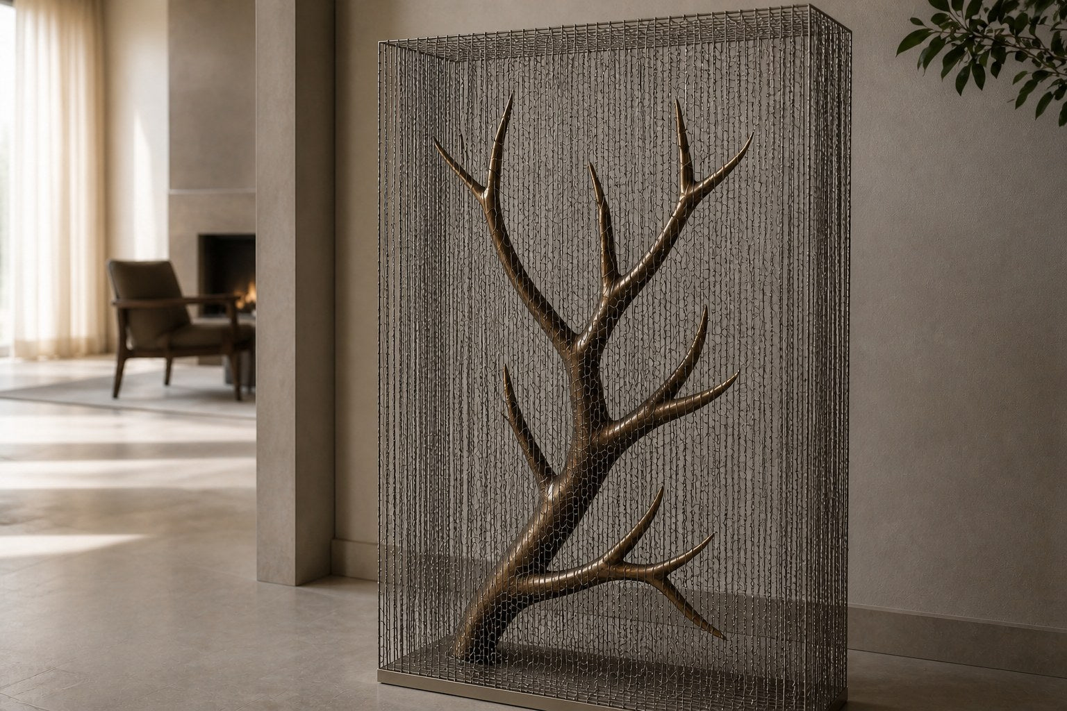 Bronze branching sculpture Nafud with a pitted weathered patina, held upright inside a tall fine drawn-wire case.
