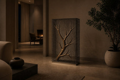 Bronze branching sculpture Nafud with a pitted weathered patina, held upright inside a tall fine drawn-wire case.