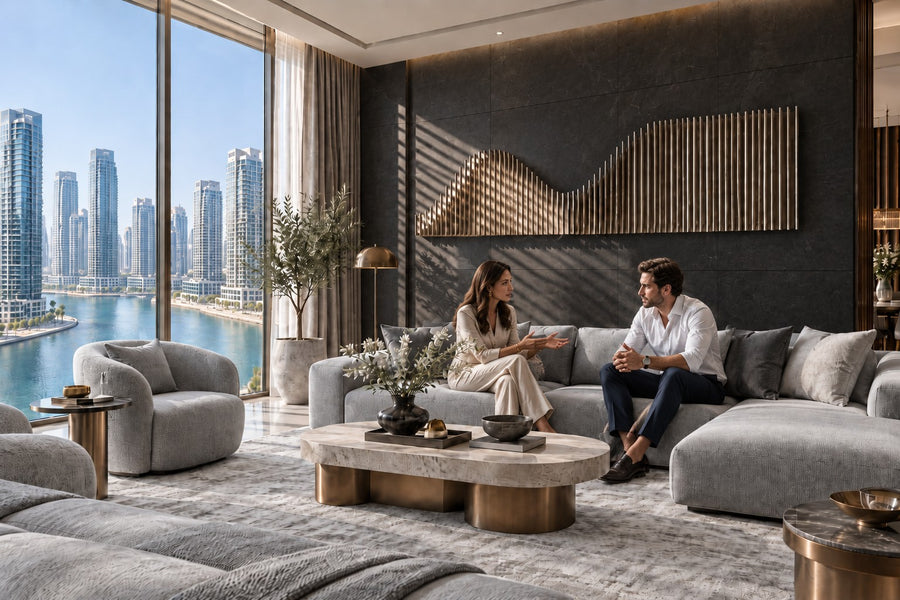 Nagare — stainless steel rod skyline wall sculpture, installed on the wall of a furnished room