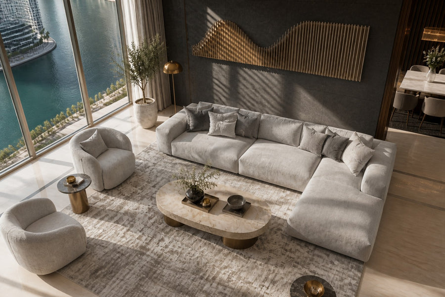 Nagare — stainless steel rod skyline wall sculpture, seen from above in the room