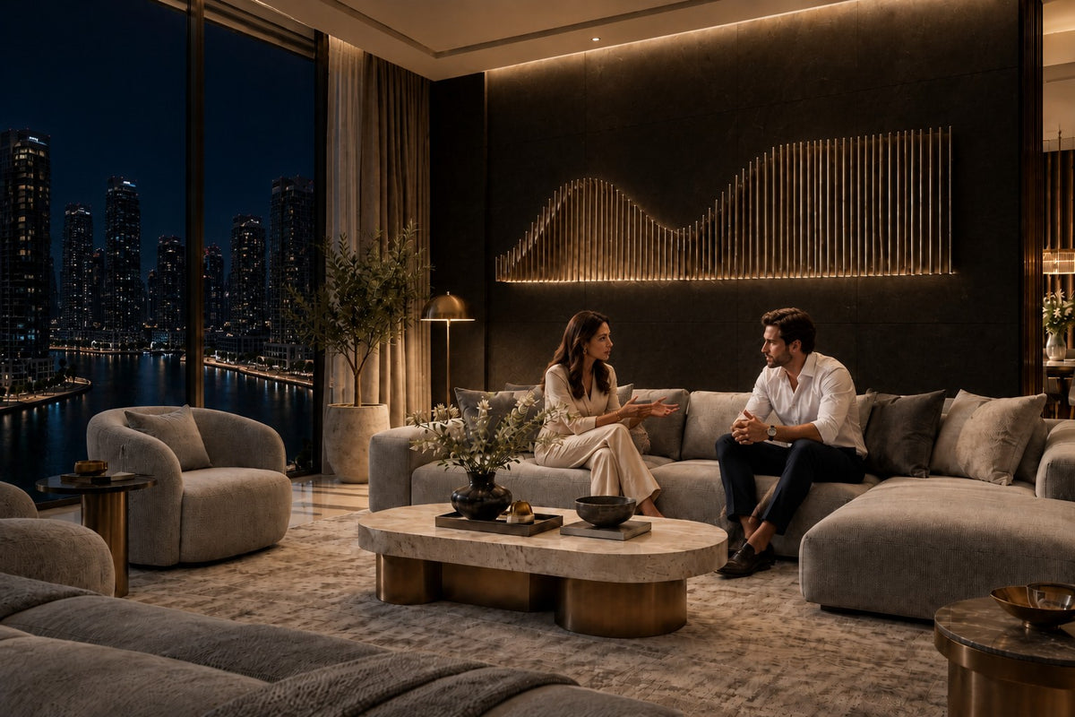 Nagare — stainless steel rod skyline wall sculpture, the same room at night, lamps on