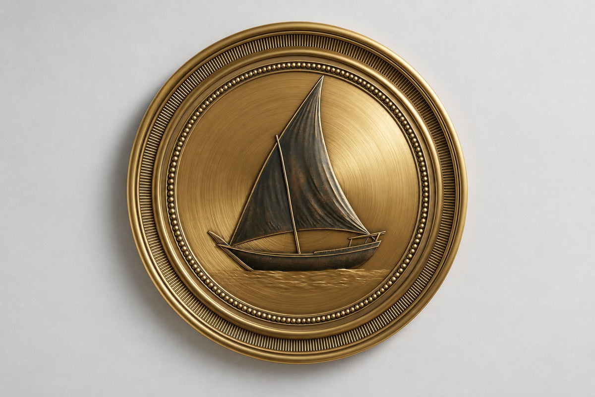 Nakhoda — Ø 160 cm brushed brass medallion wall relief of a Gulf dhow, studio front view