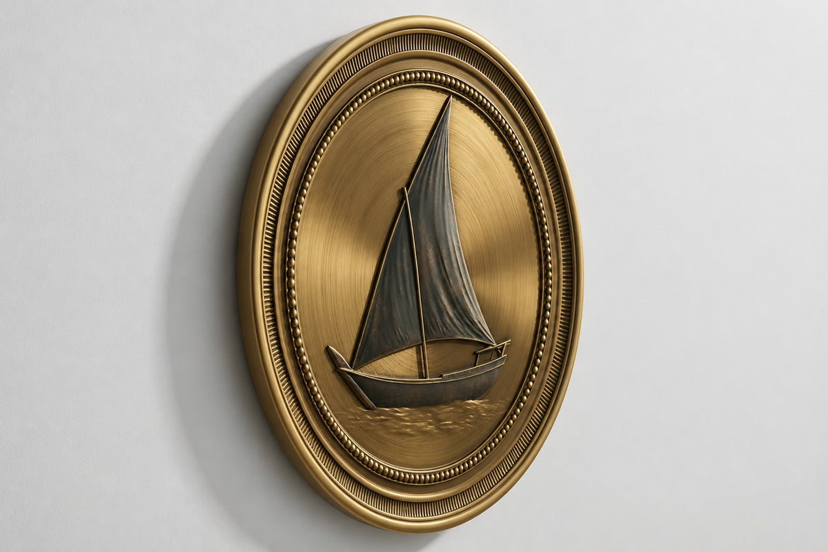 Nakhoda — Ø 160 cm brushed brass medallion wall relief of a Gulf dhow, studio side angle showing its depth