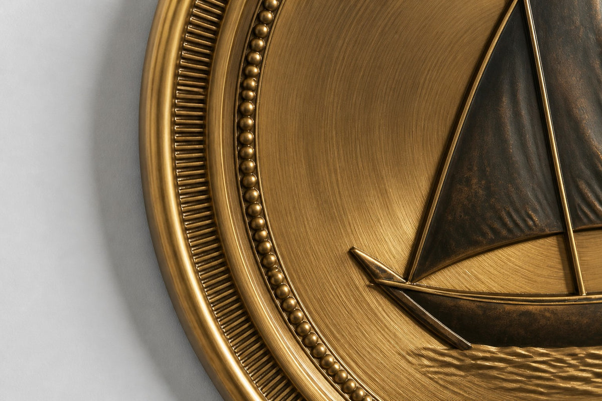 Nakhoda — Ø 160 cm brushed brass medallion wall relief of a Gulf dhow, close detail of the surface and edge