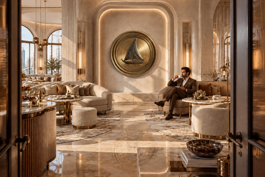 Nakhoda — Ø 160 cm brushed brass medallion wall relief of a Gulf dhow, installed on the wall of a furnished room