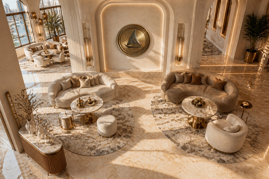 Nakhoda — Ø 160 cm brushed brass medallion wall relief of a Gulf dhow, seen from above in the room