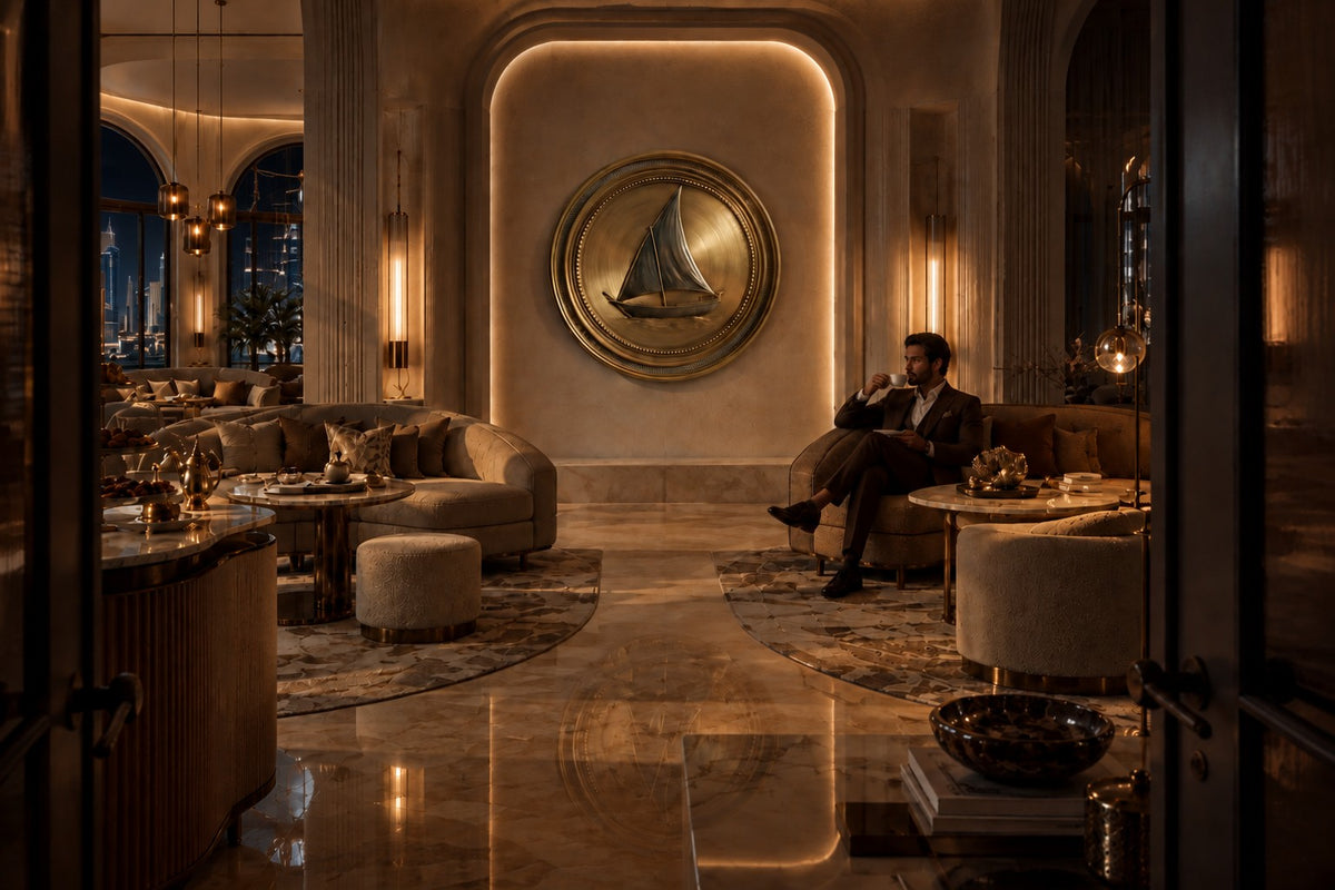 Nakhoda — Ø 160 cm brushed brass medallion wall relief of a Gulf dhow, the same room at night, lamps on