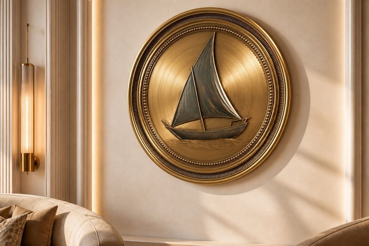 Nakhoda — Ø 160 cm brushed brass medallion wall relief of a Gulf dhow, close view on the wall