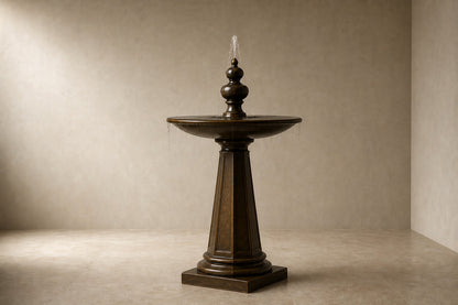 Stone pedestal fountain Namika Ø65, warm mottled brown, on a pale stone floor.