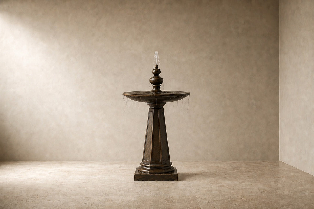 Namika Ø65 stone pedestal fountain, studio view of the whole piece