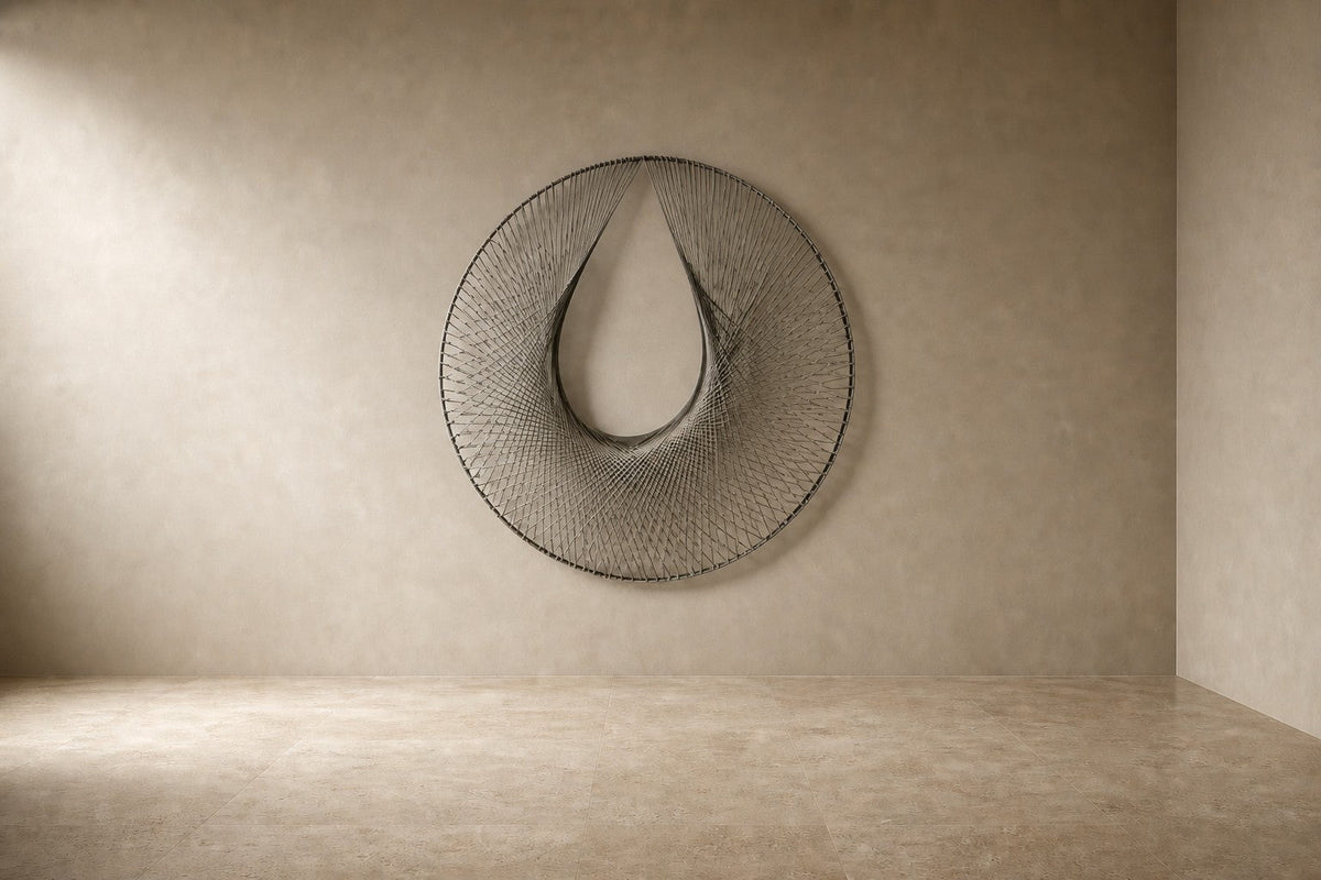 Nasij — 120 × 120 cm round brushed steel wire wall sculpture with a teardrop opening, studio view of the whole piece