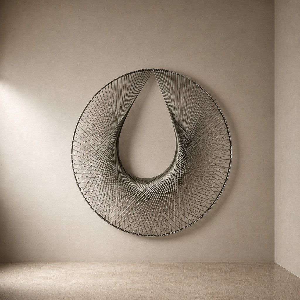 Nasij — 120 × 120 cm round brushed steel wire wall sculpture with a teardrop opening, three-quarter studio view showing its profile