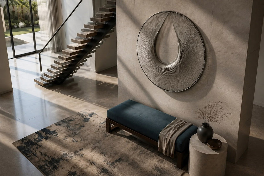 Nasij — 120 × 120 cm round brushed steel wire wall sculpture with a teardrop opening, seen from above in the room