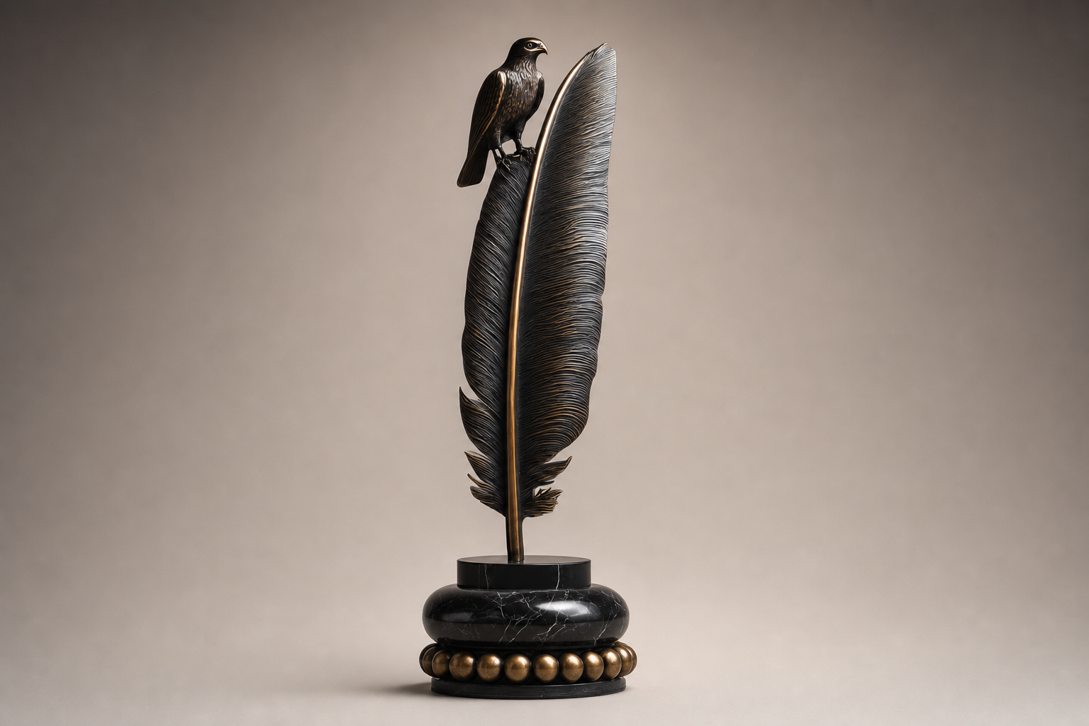 Nasim bronze falcon and feather sculpture by 1-OPH