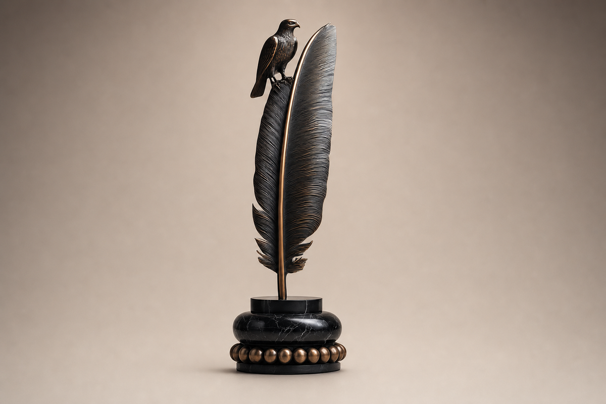 Nasim bronze falcon and feather sculpture by 1-OPH