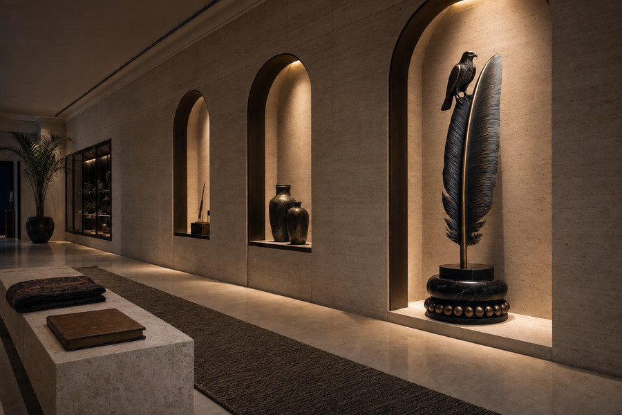 Nasim bronze falcon and feather sculpture by 1-OPH