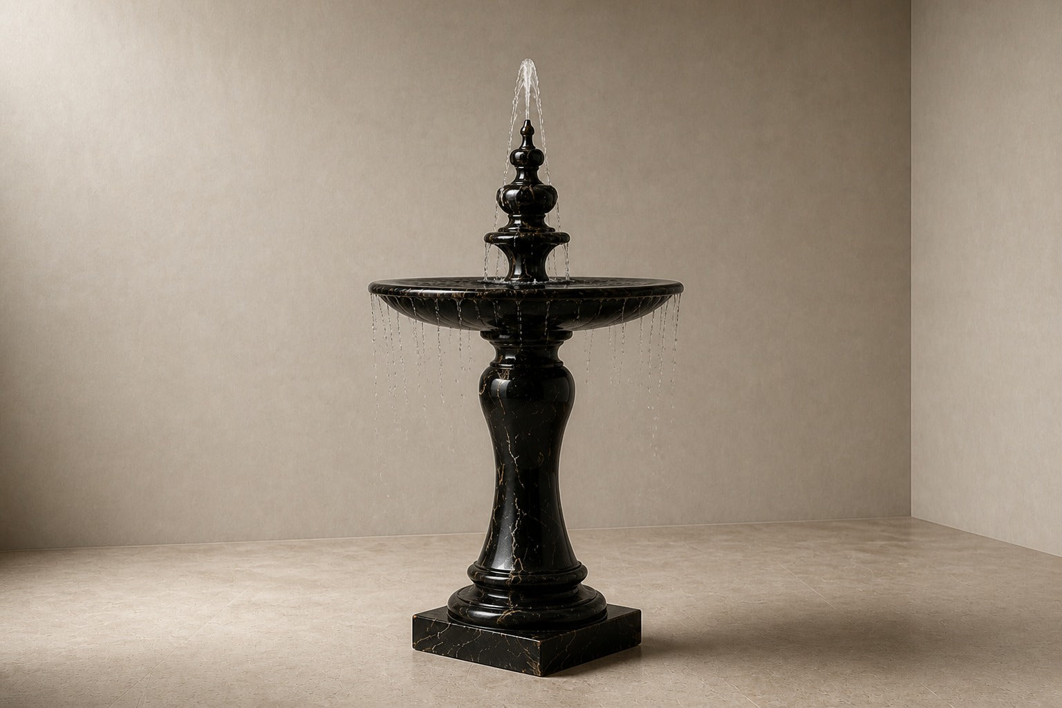Stone pedestal fountain Nasima Ø65, black with gold and amber veining, on a pale stone floor.