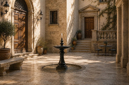 Stone pedestal fountain Nasima Ø65, black with gold and amber veining, on a pale stone floor.