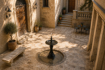 Stone pedestal fountain Nasima Ø65, black with gold and amber veining, on a pale stone floor.