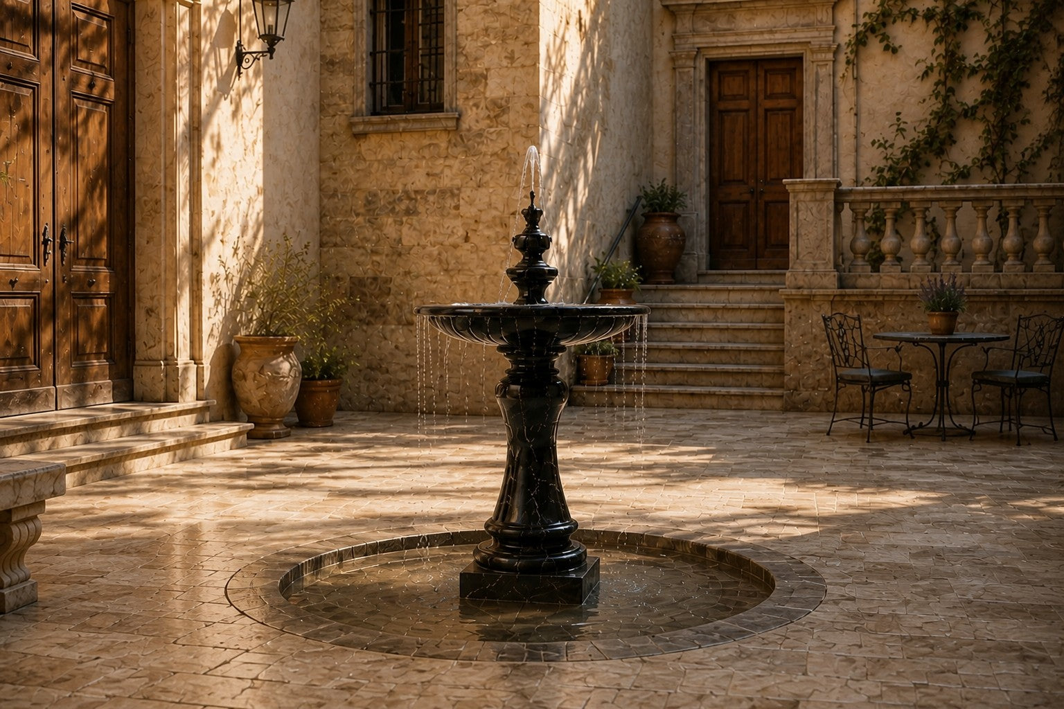 Stone pedestal fountain Nasima Ø65, black with gold and amber veining, on a pale stone floor.