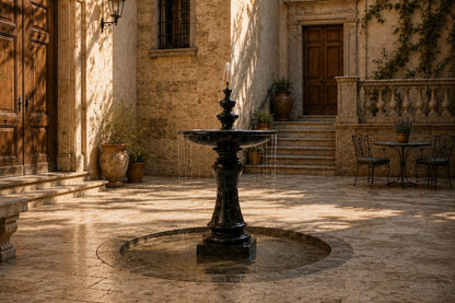 Stone pedestal fountain Nasima Ø65, black with gold and amber veining, on a pale stone floor.