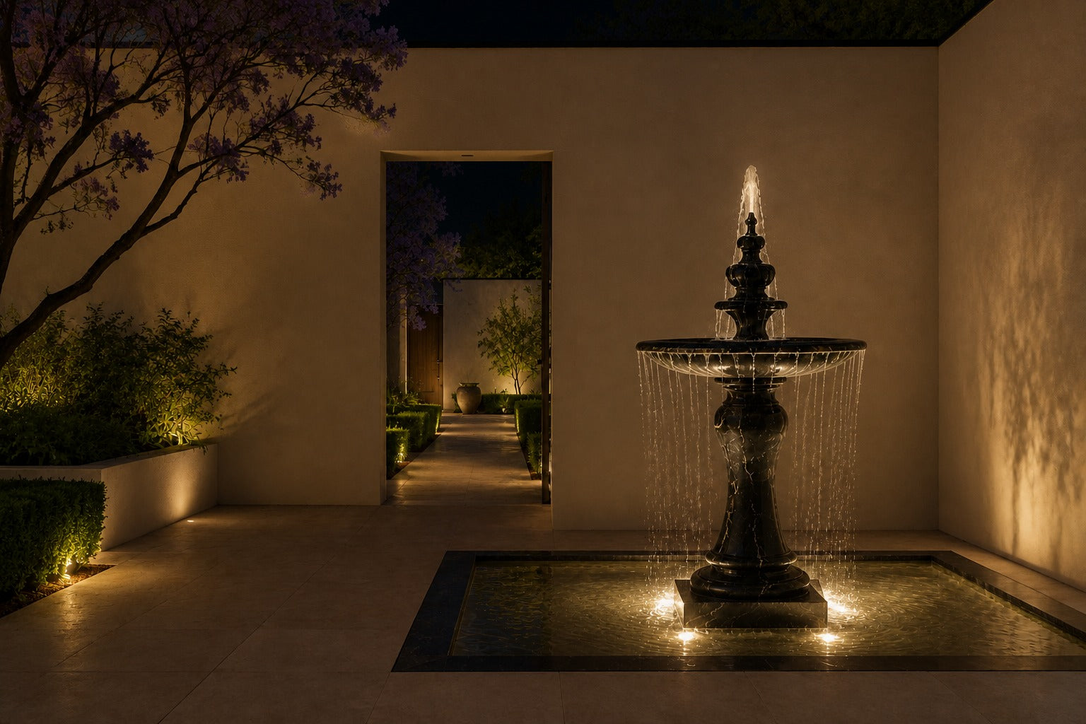 Stone pedestal fountain Nasima Ø65, black with gold and amber veining, on a pale stone floor.