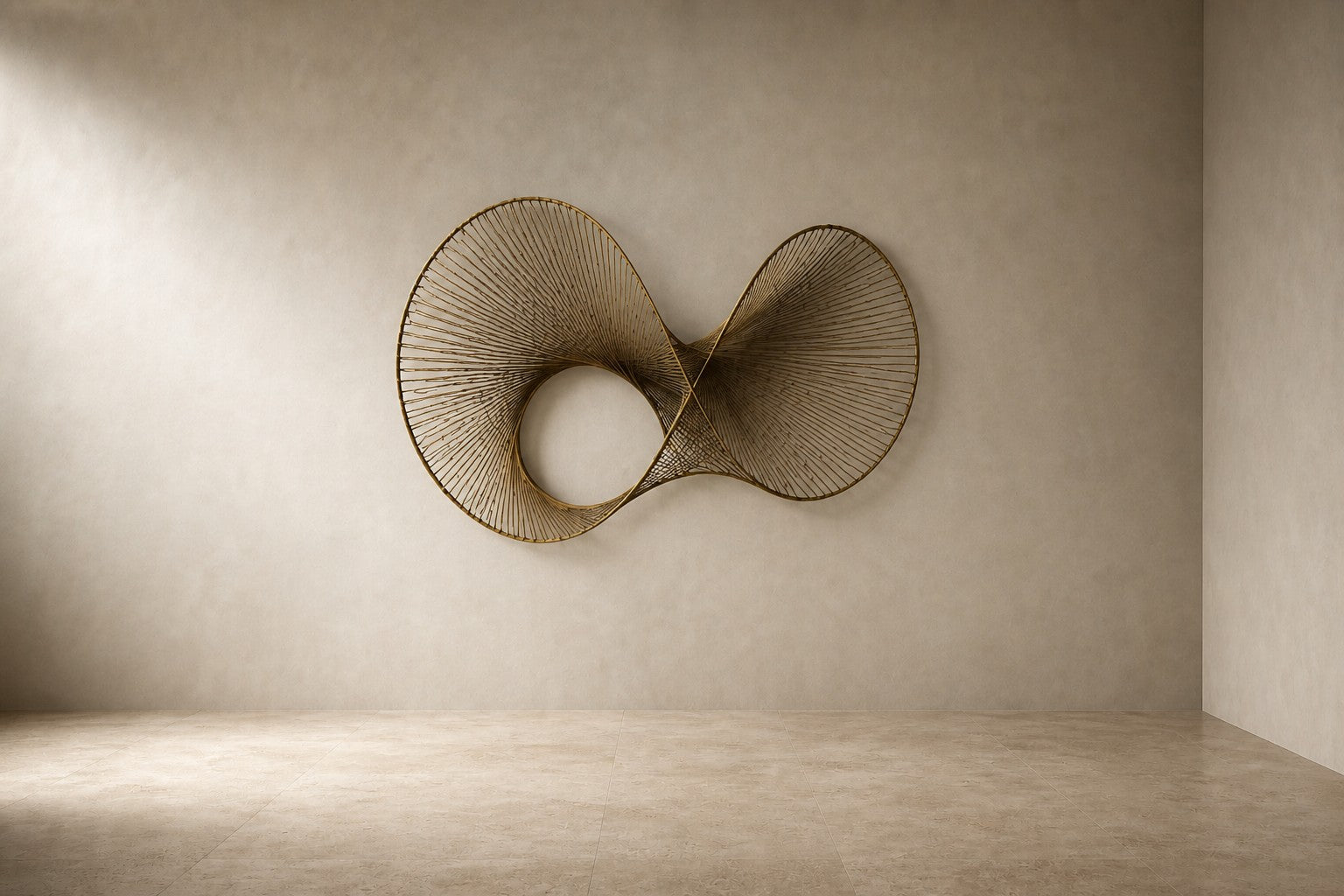 Charcoal steel wall sculpture Telaio, fine wire strung in parallel across a rectangular frame, on a plaster wall.