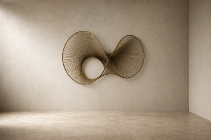 Charcoal steel wall sculpture Telaio, fine wire strung in parallel across a rectangular frame, on a plaster wall.