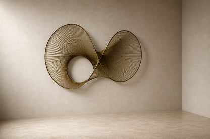 Charcoal steel wall sculpture Telaio, fine wire strung in parallel across a rectangular frame, on a plaster wall.