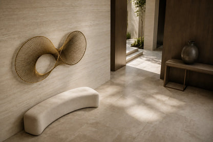 Charcoal steel wall sculpture Telaio, fine wire strung in parallel across a rectangular frame, on a plaster wall.