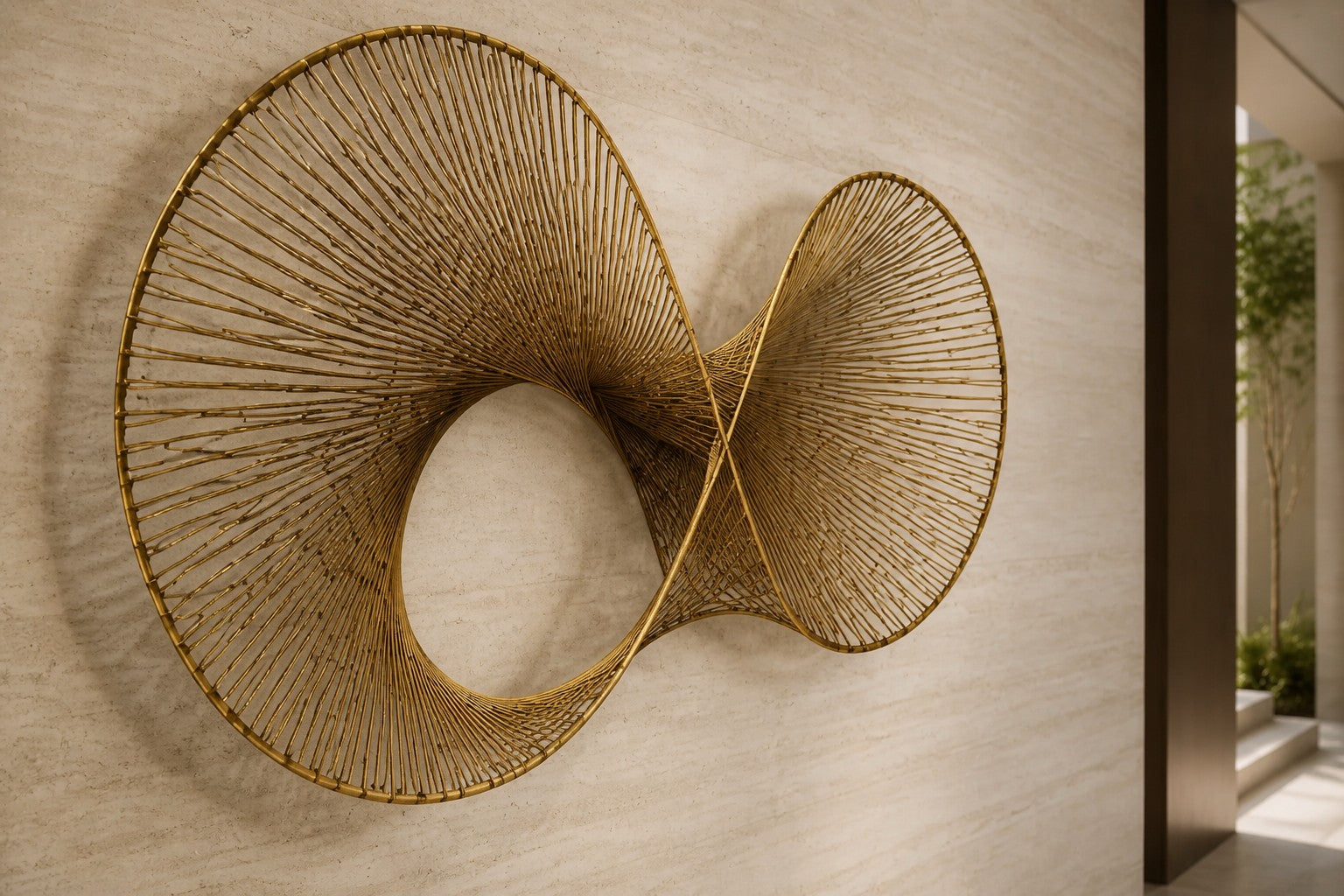 Charcoal steel wall sculpture Telaio, fine wire strung in parallel across a rectangular frame, on a plaster wall.
