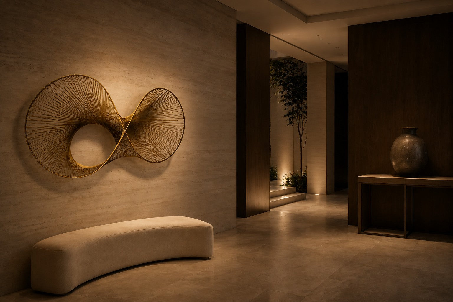 Charcoal steel wall sculpture Telaio, fine wire strung in parallel across a rectangular frame, on a plaster wall.