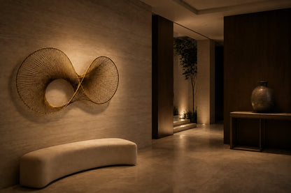 Charcoal steel wall sculpture Telaio, fine wire strung in parallel across a rectangular frame, on a plaster wall.