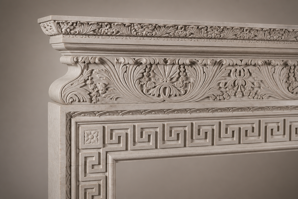 Naxos fireplace, close studio detail of the surface and material